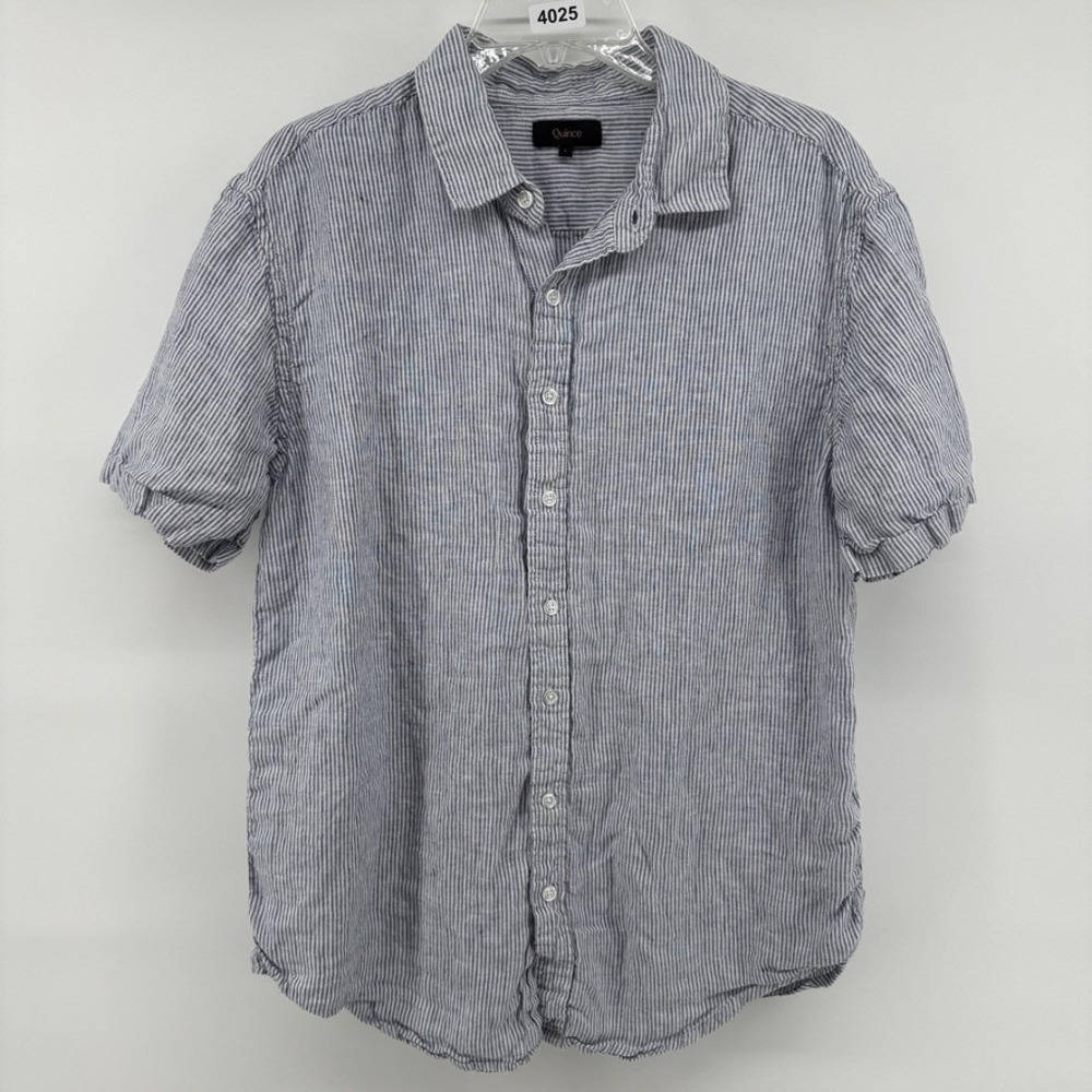Quince Navy and White Pinstripe Short Sleeve Button-Up Shirt